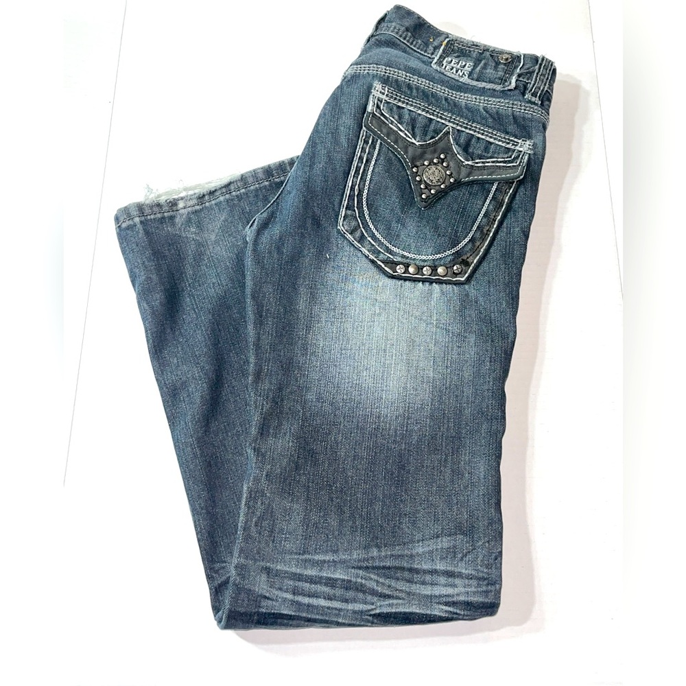 Pepe Jeans Boys Jeans 14 28x28.5 Dark Wash Denim Leather Trim Studded Distressed